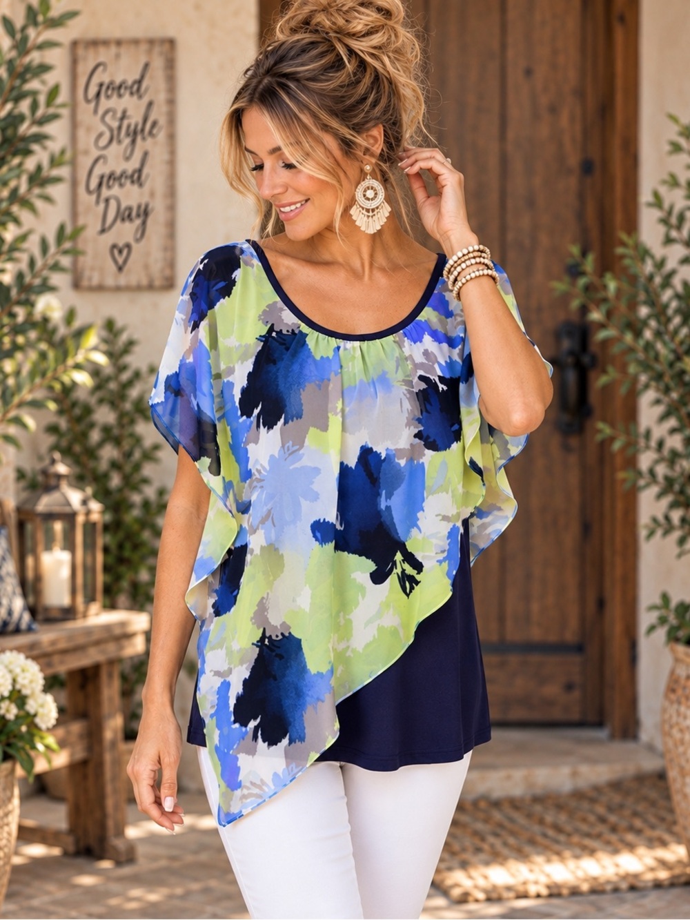 IZ Byer XL Watercolor Floral Asymmetrical Overlay Tunic Blouse Blue Green